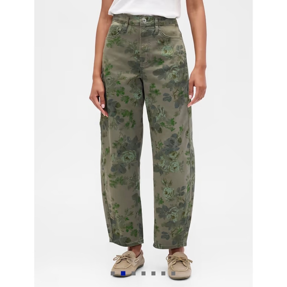 Gap Denim Barrel Jeans Womens 4/27S Olive Green Floral Rose Print High Rise Pant